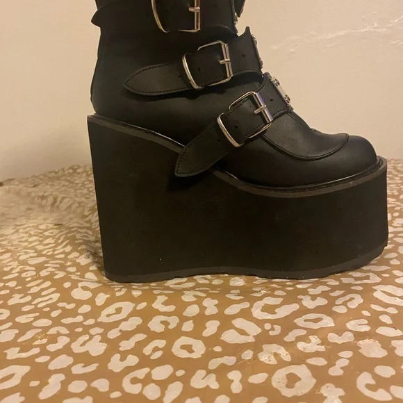 Demonia Black Platform Buckle Boots - Picture 2 of 8